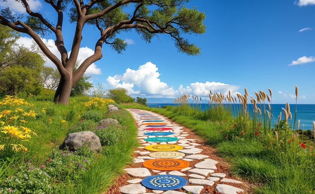 A serene path lined with vibrant chakra symbols and nature.