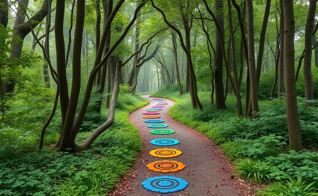 A serene path through a lush forest with colorful chakra symbols along the way.