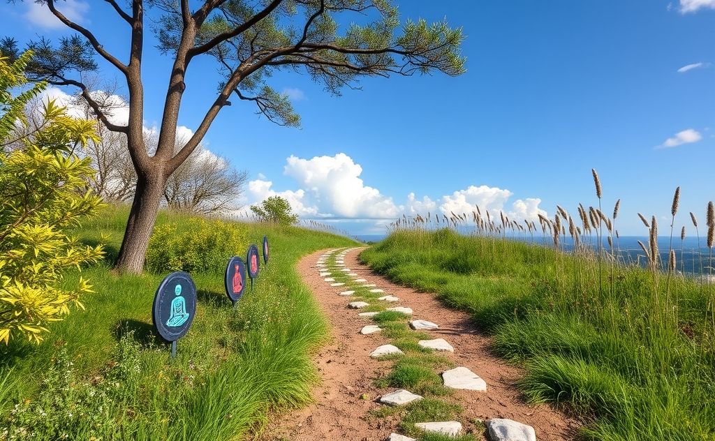 A serene path through nature with chakra symbols along the way.
