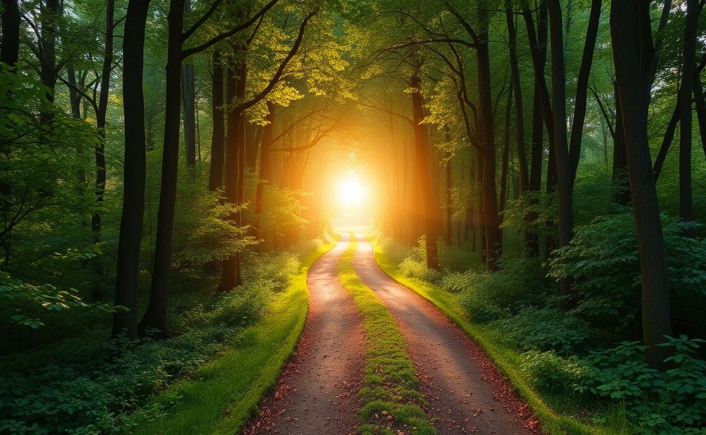 A serene pathway through a lush forest leading to a glowing light.