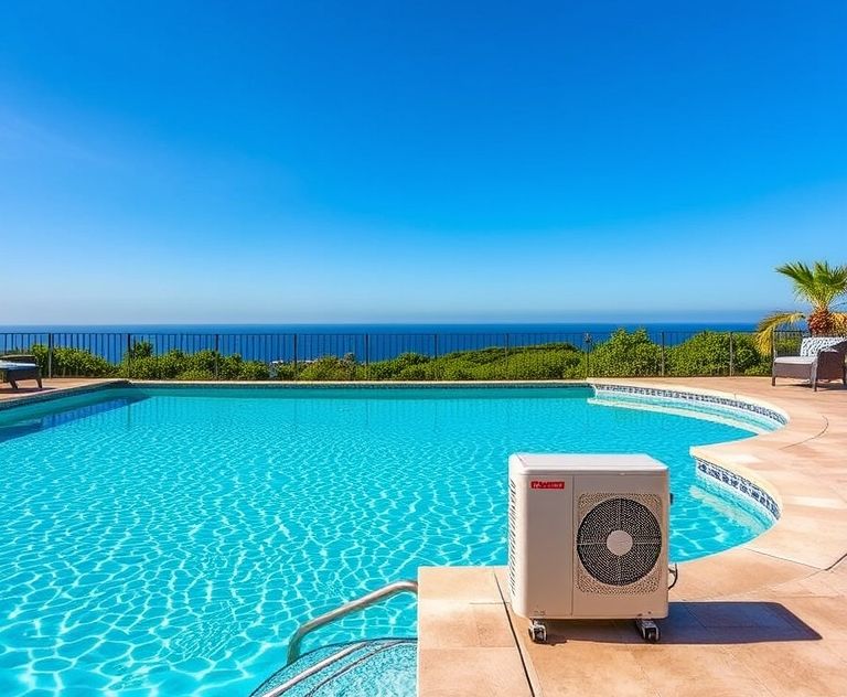 A serene poolside with a heat pump under a clear blue sky.