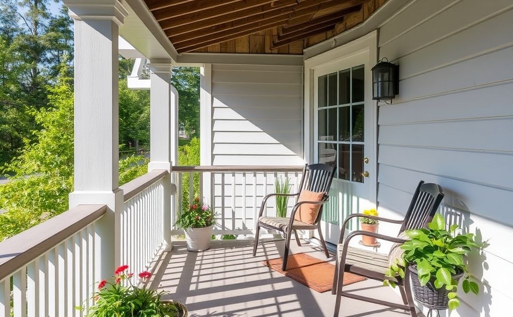A serene porch with bird deterrents like shiny objects and nets.