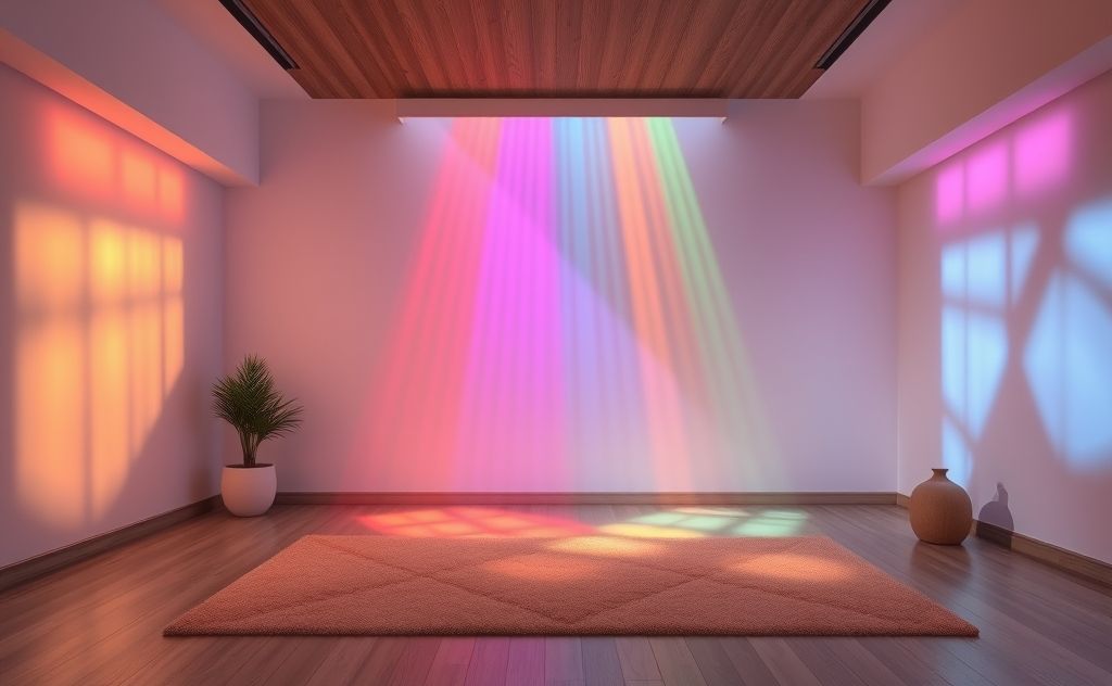 A serene room with colorful light beams highlighting relaxation.