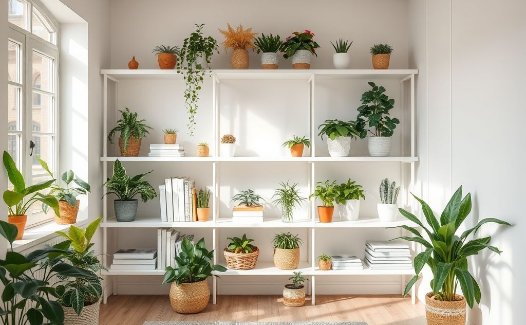 A serene room with organized shelves and plants for a calming atmosphere