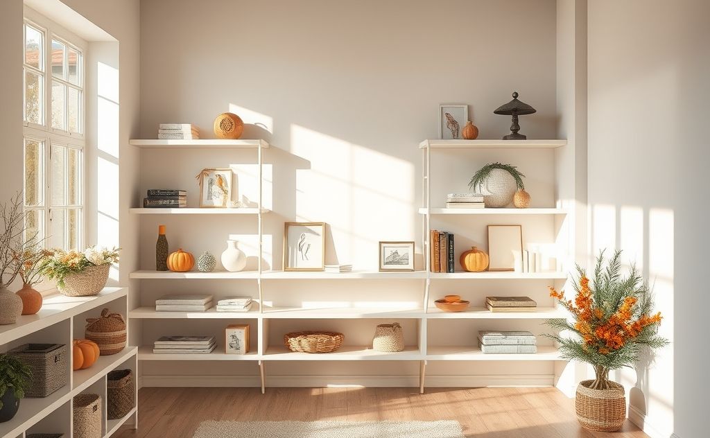 A serene room with organized shelves and seasonal decor.