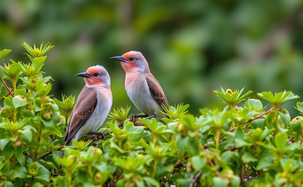 A serene scene of African silverbills perched among lush greenery.