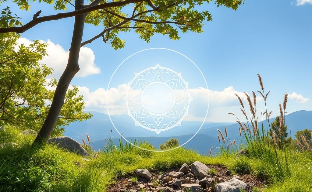 A serene scene of a balanced chakra wheel surrounded by nature.