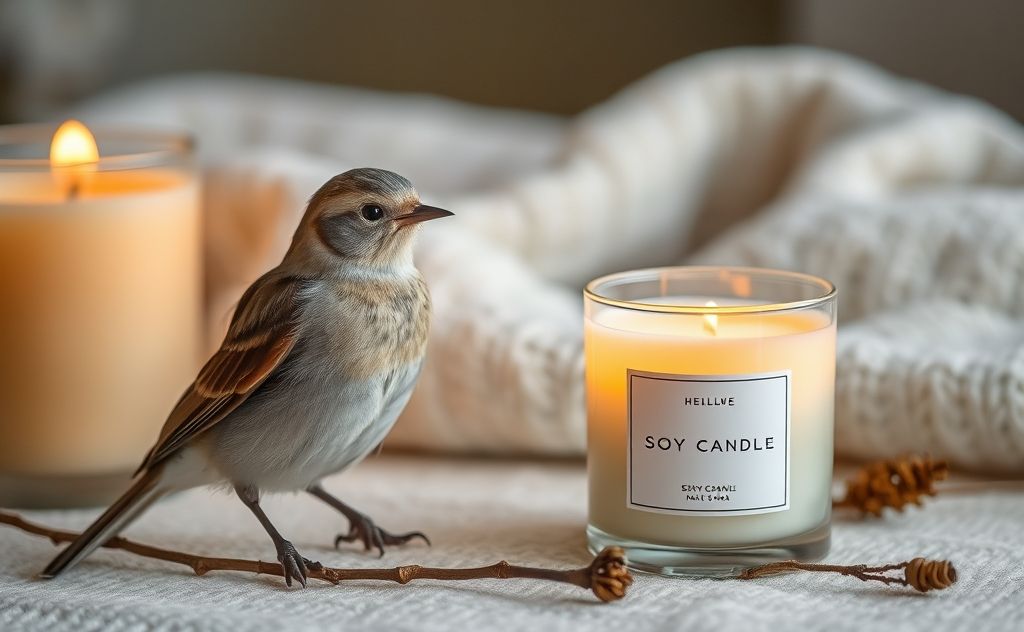 A serene scene of a bird near a soy candle in a cozy setting.