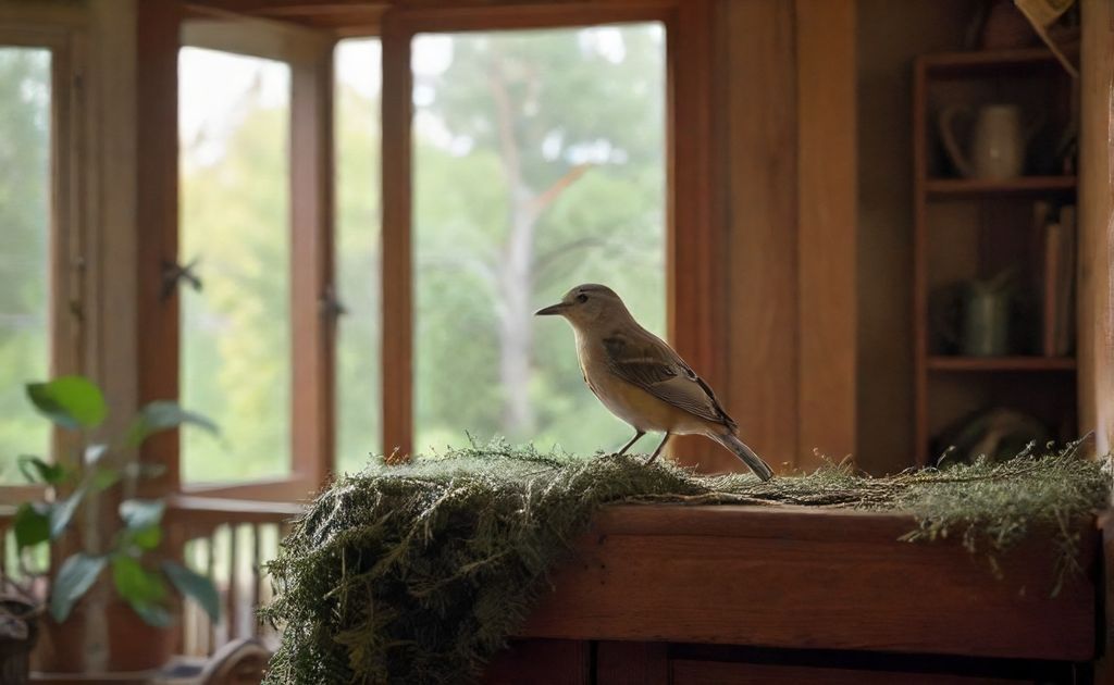 A serene scene of a bird perched comfortably in a cozy home environment.