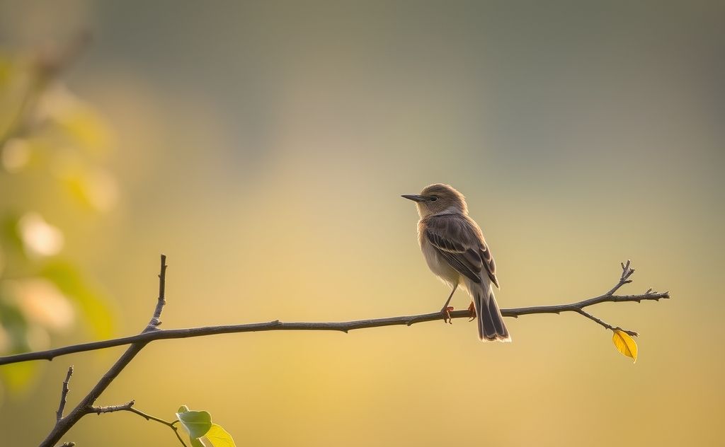 A serene scene of a bird perched on a branch with soft morning light.