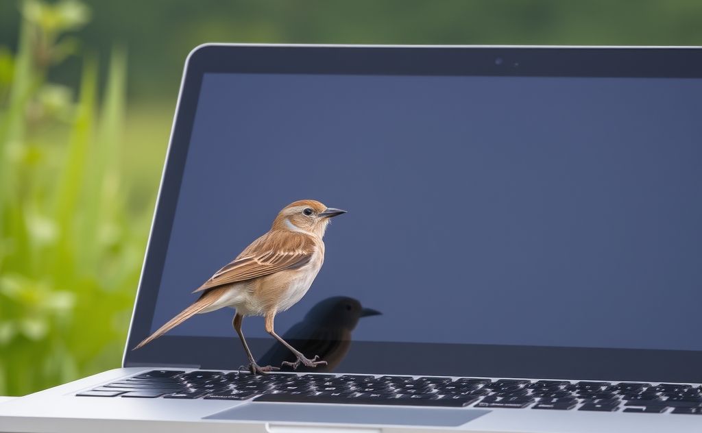 A serene scene of a bird perched on a laptop with nature in the background.