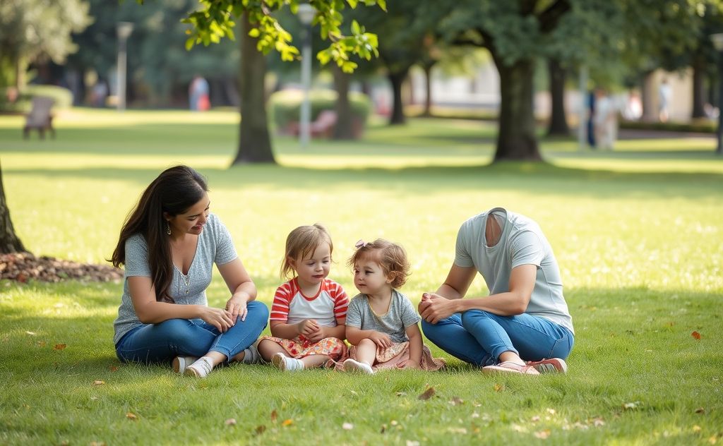 A serene scene of a family enjoying time together in a park.