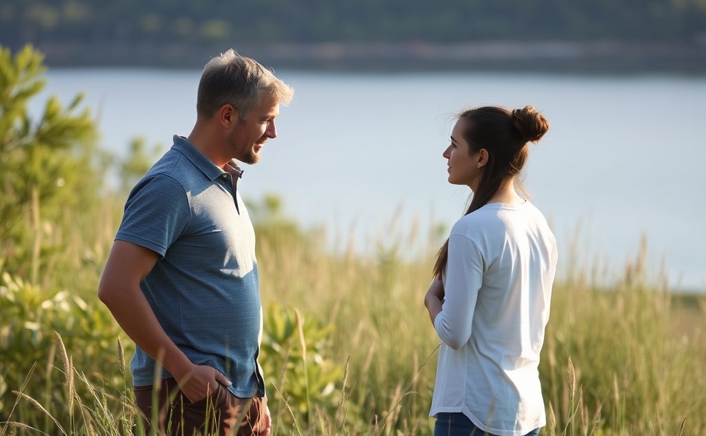 A serene scene of a parent and teen discussing boundaries in nature.