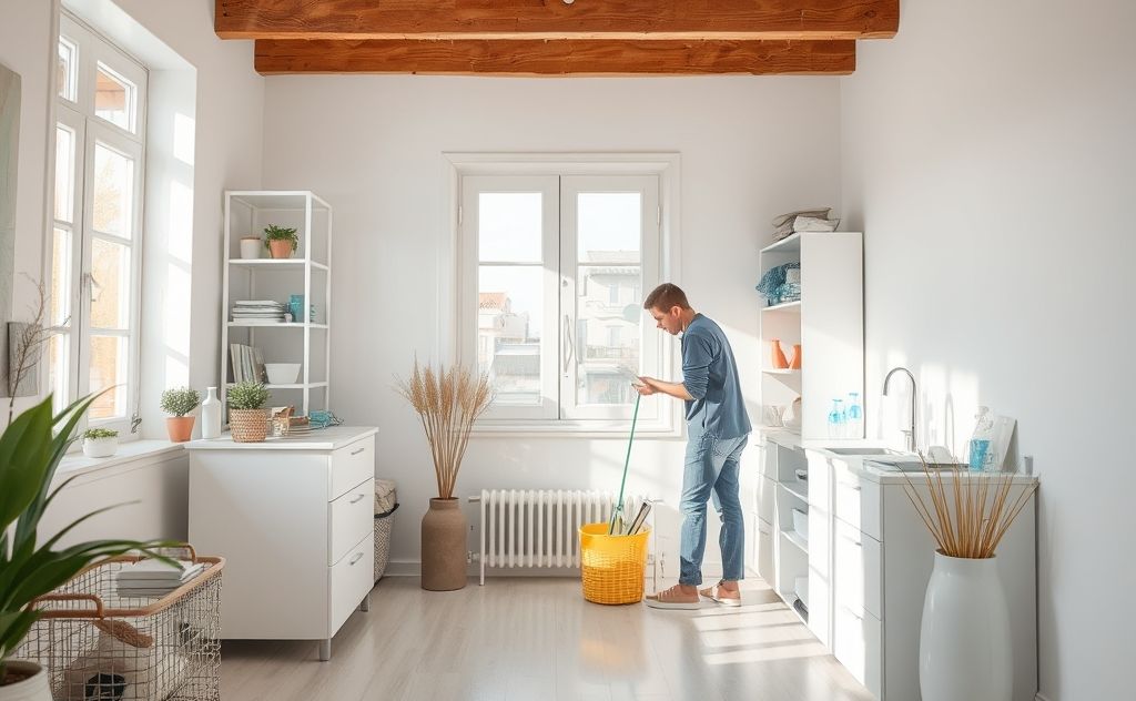 A serene scene of a person cleaning a bright, organized space.