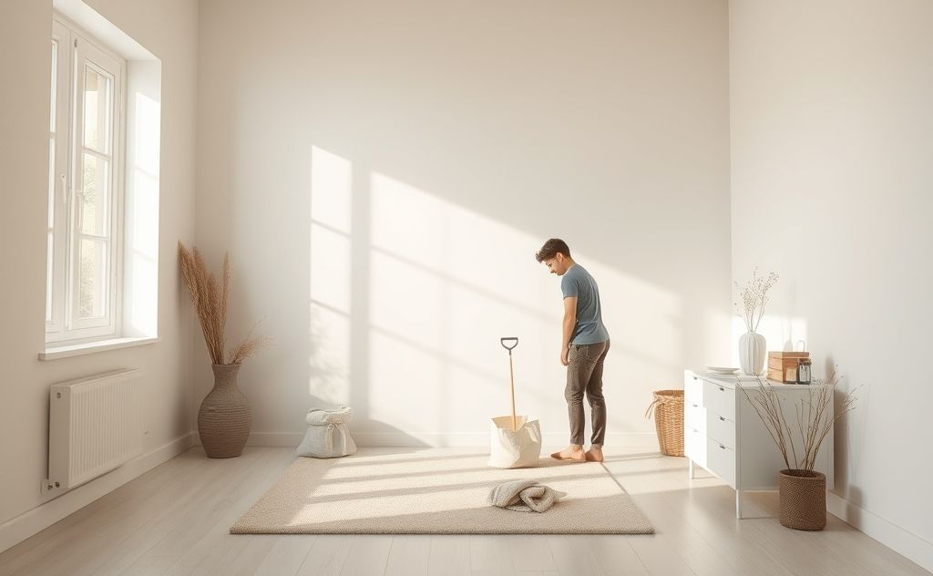 A serene scene of a person cleaning in a peaceful, clutter-free space.
