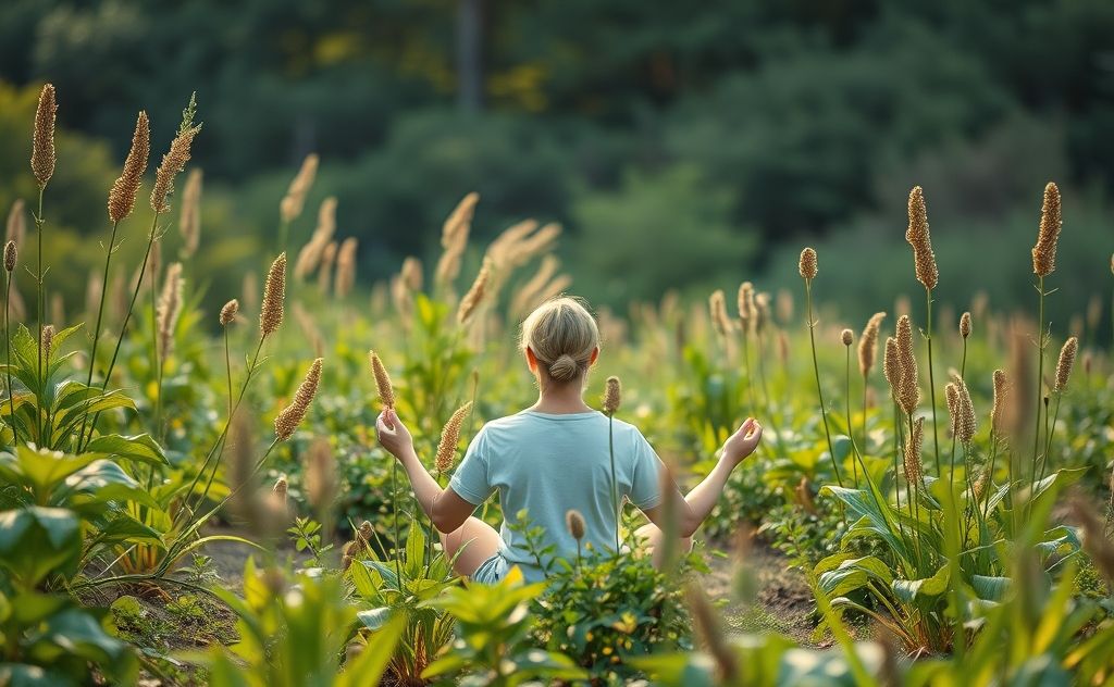 A serene scene of a person meditating in nature surrounded by plants.
