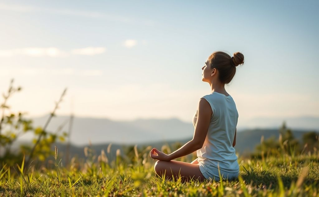 A serene scene of a person meditating in nature, focusing on breath.