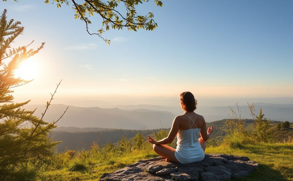 A serene scene of a person meditating with nature around them.