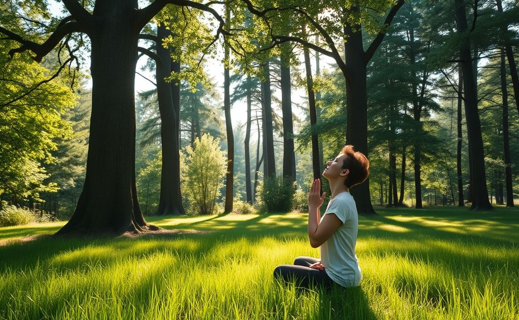 A serene scene of a person practicing breathwork in nature.
