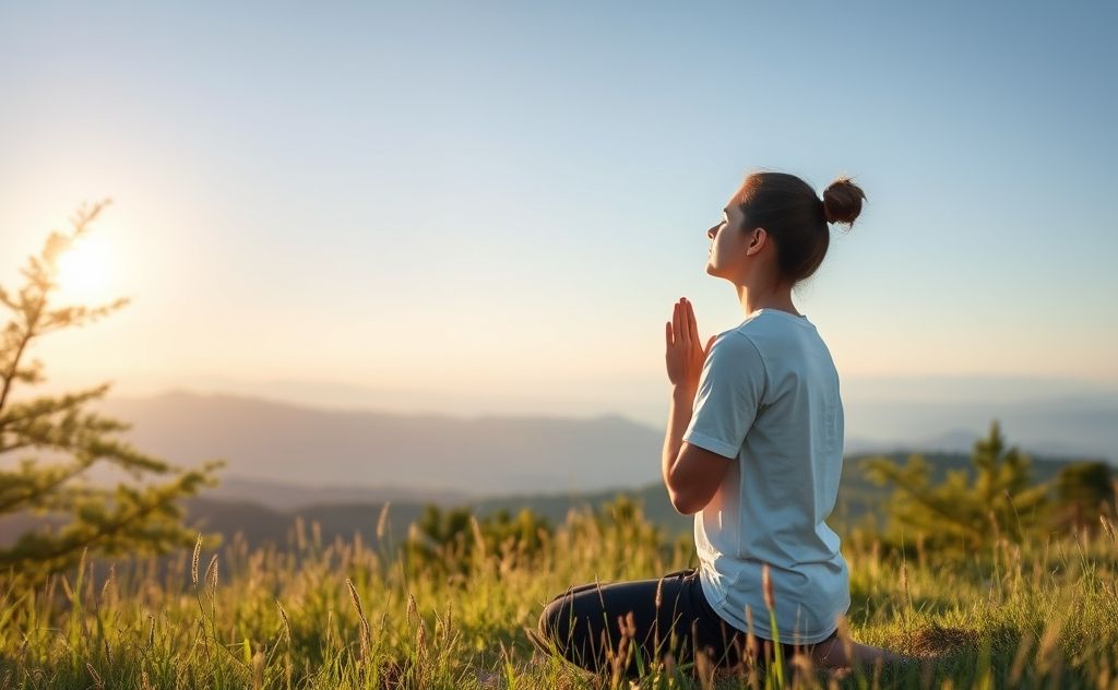 A serene scene of a person practicing controlled breathing in nature.
