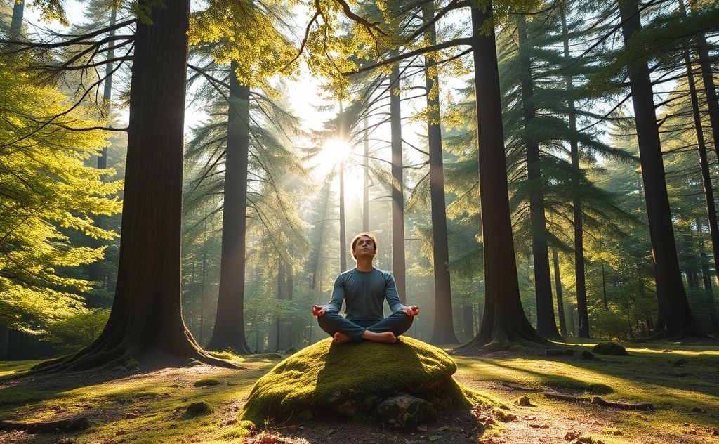 A serene scene of a person practicing pranayama in nature.