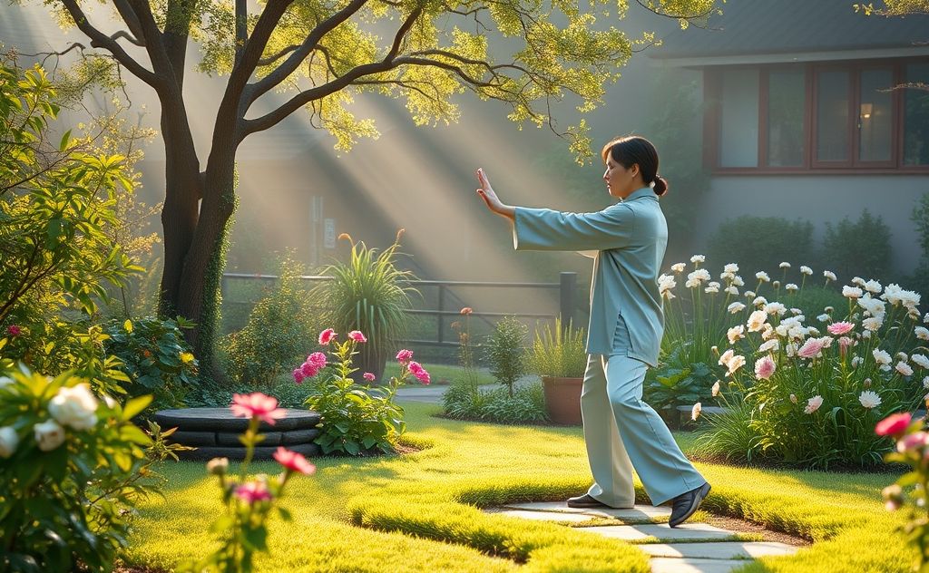 A serene scene of a person practicing tai chi in a peaceful garden.