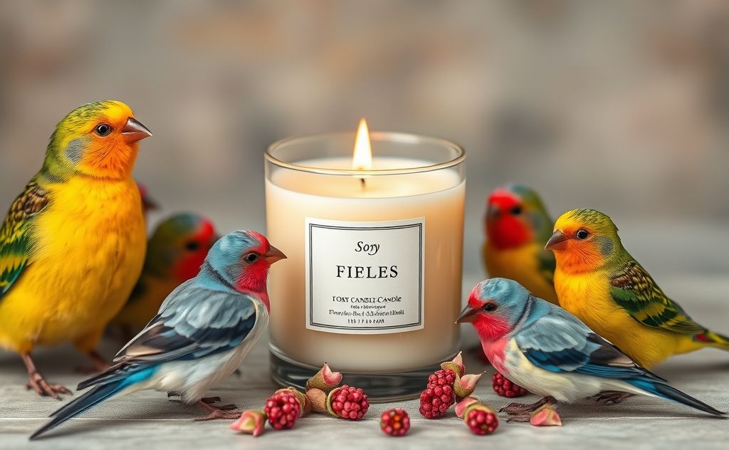 A serene scene of a soy candle surrounded by colorful birds.