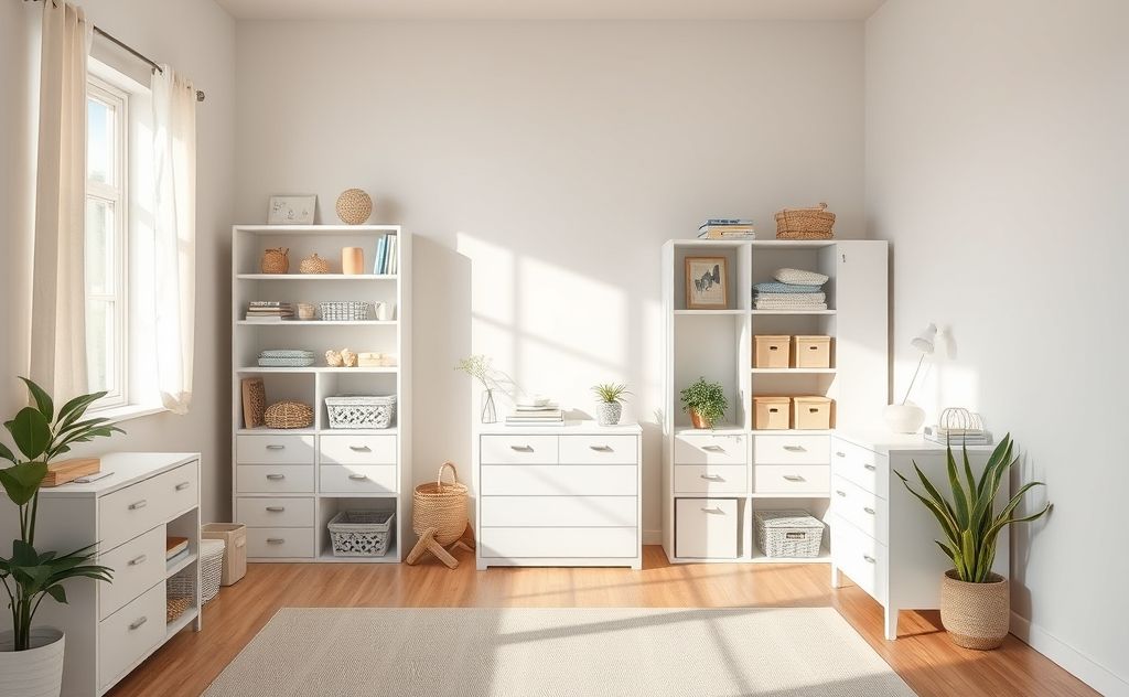 A serene scene of a tidy room with gradual organization steps.
