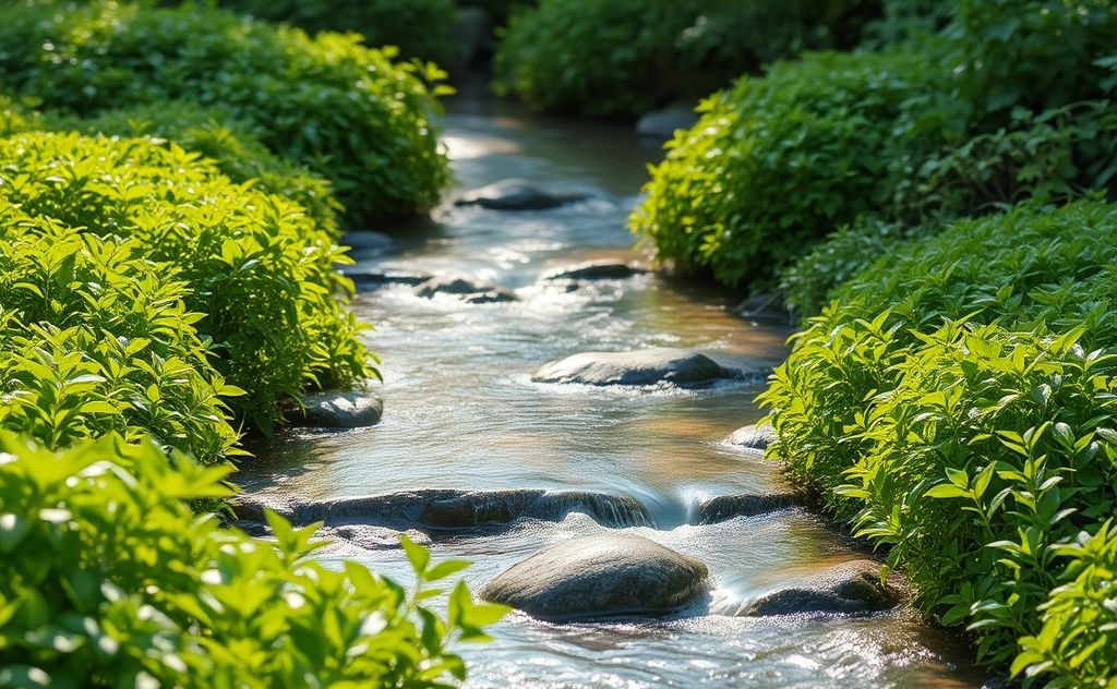 A serene scene of a tranquil space with flowing water and soft greenery.