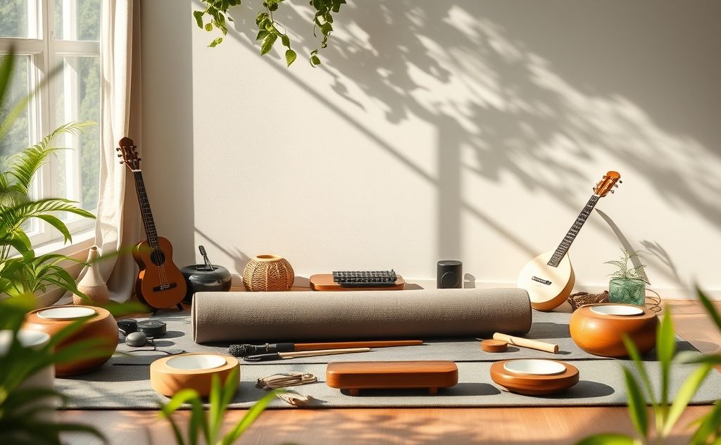 A serene scene of a yoga mat surrounded by calming sound instruments.