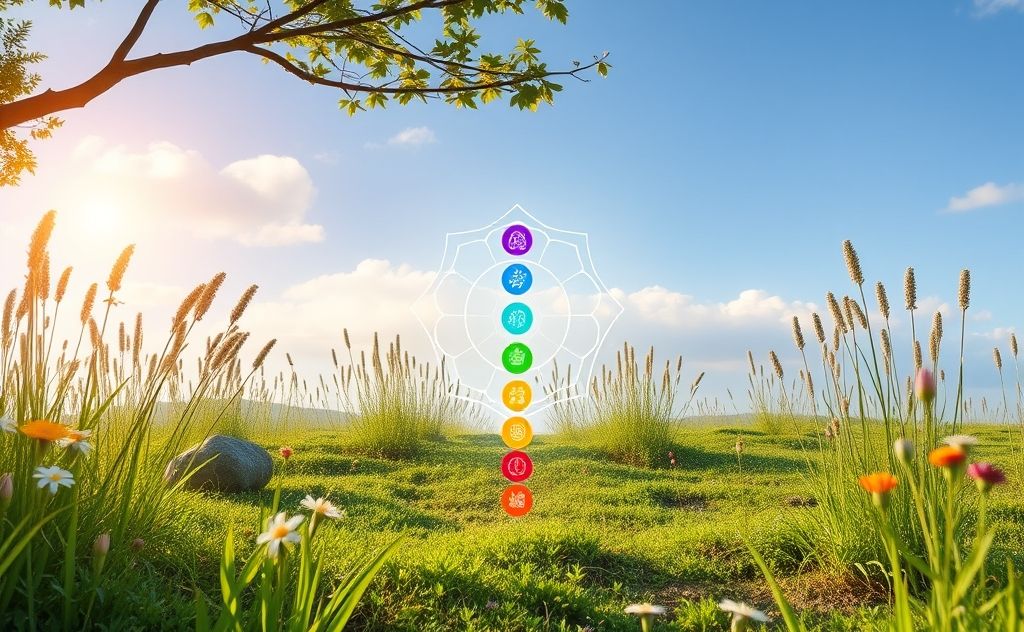 A serene scene of colorful chakra symbols surrounded by calming nature.