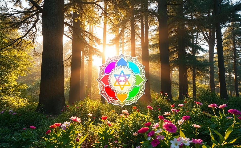 A serene scene of colorful chakra symbols surrounded by nature.