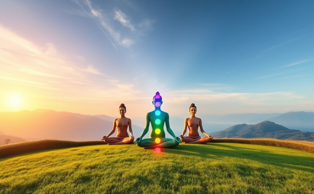 A serene scene of colorful chakras aligned in a peaceful setting.