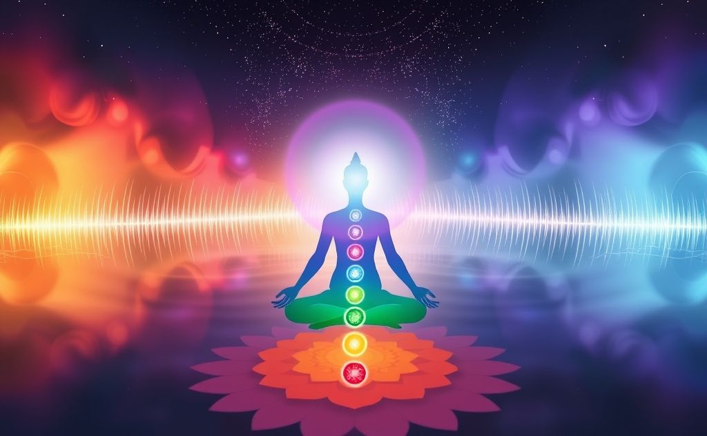 A serene scene of colorful chakras aligned with sound waves.