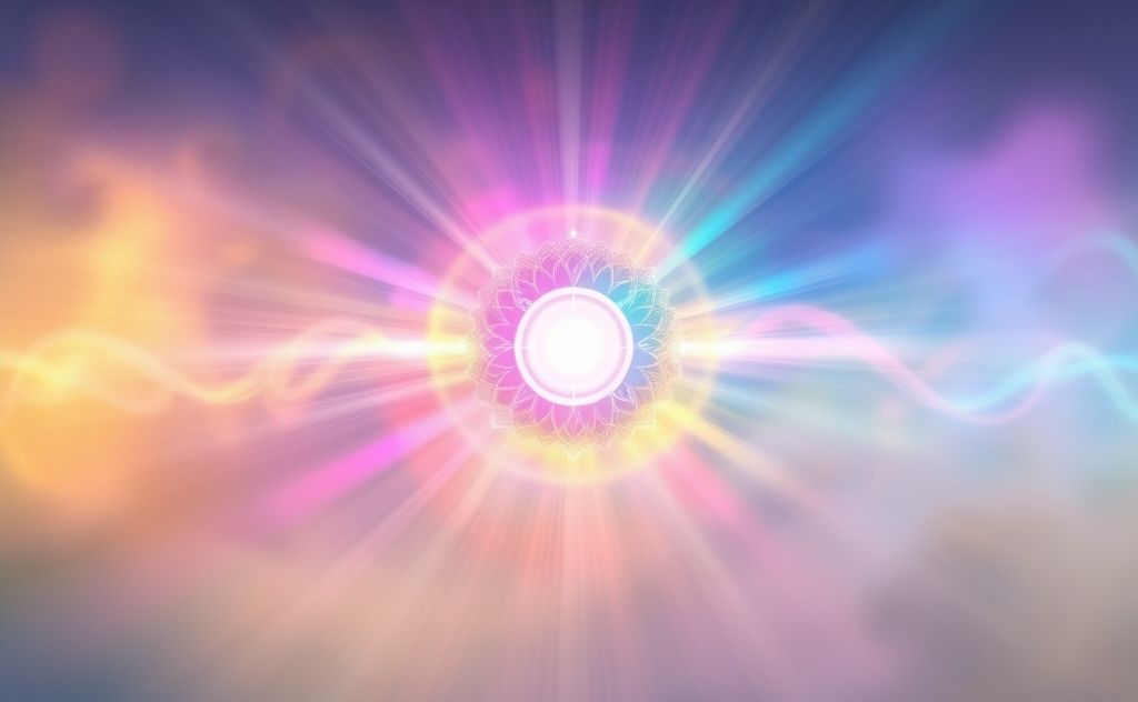 A serene scene of colorful chakras radiating energy and light.