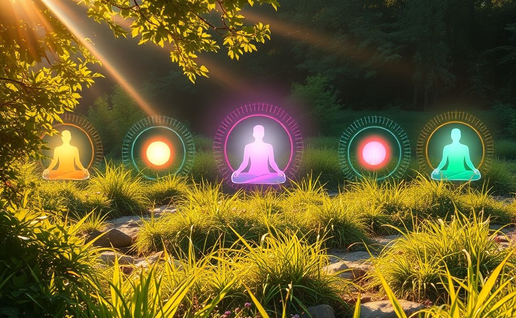 A serene scene of colorful chakras radiating sound waves in nature.