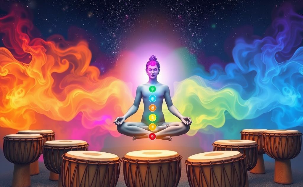 A serene scene of colorful chakras surrounded by rhythmic drums.