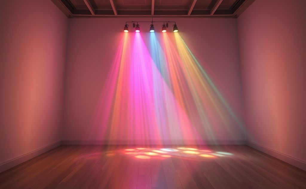 A serene scene of colorful light beams illuminating a peaceful room.