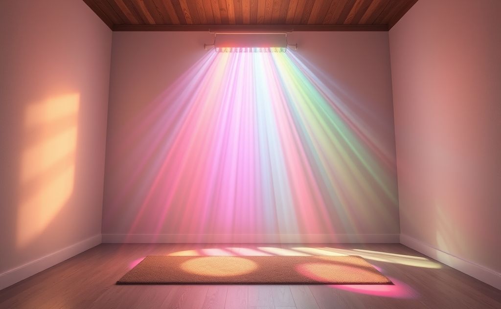 A serene scene of colorful rays radiating from a peaceful meditation space.