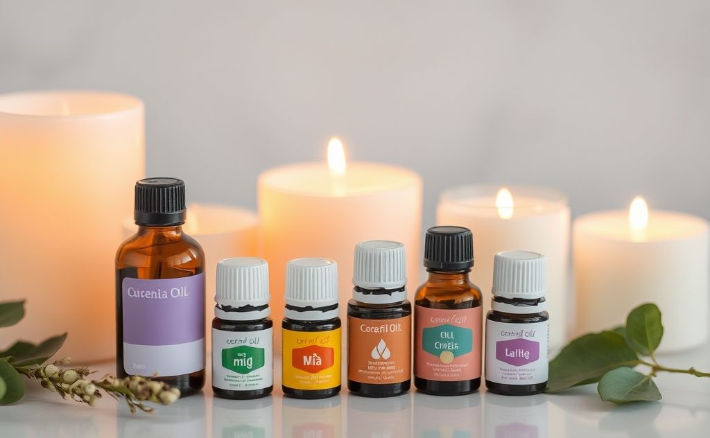 A serene scene of essential oil bottles and calming candles.