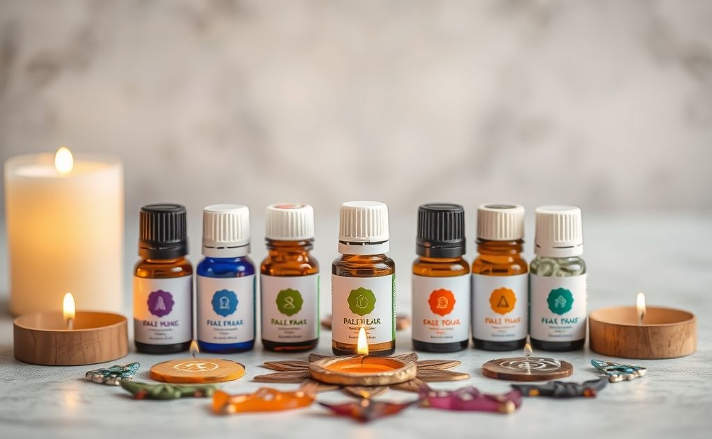 A serene scene of essential oil bottles surrounded by chakra symbols.
