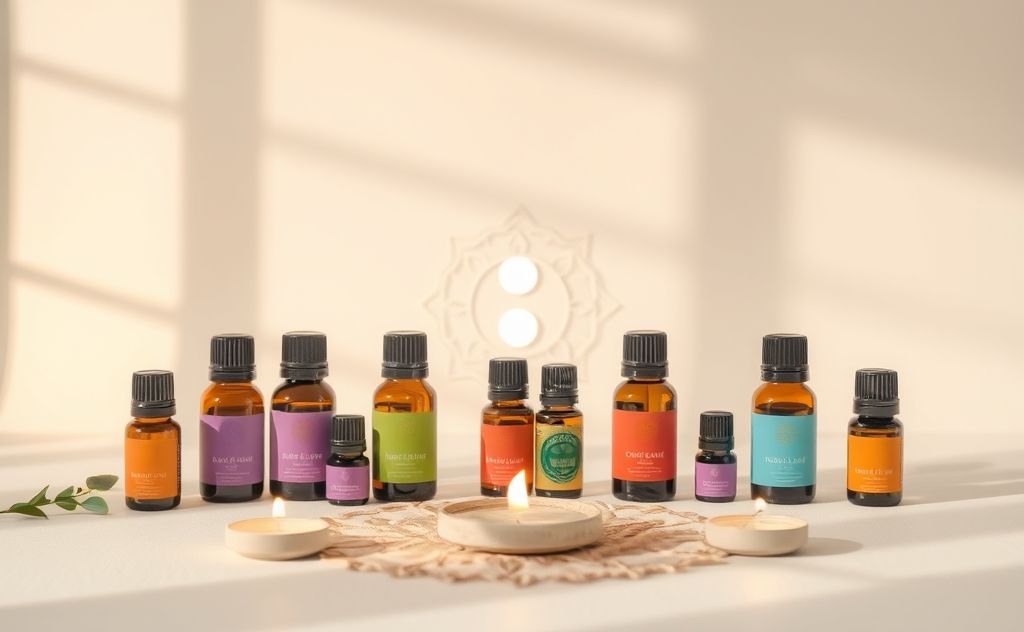 A serene scene of essential oils and chakra symbols in harmony.