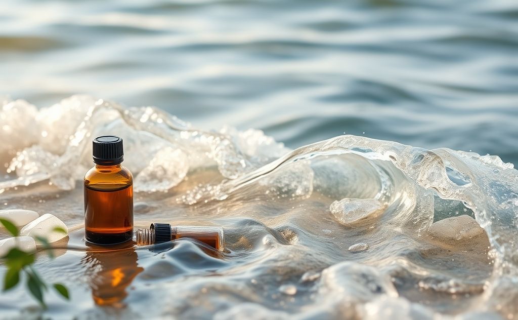 A serene scene of essential oils and flowing energy waves.