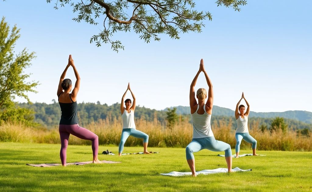 A serene scene of gentle yoga poses in a tranquil nature setting.