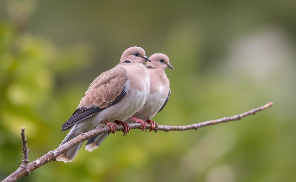 A serene scene of mourning doves perched on a branch in nature.