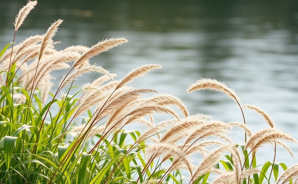 A serene scene of nature with gentle breezes and flowing plants.