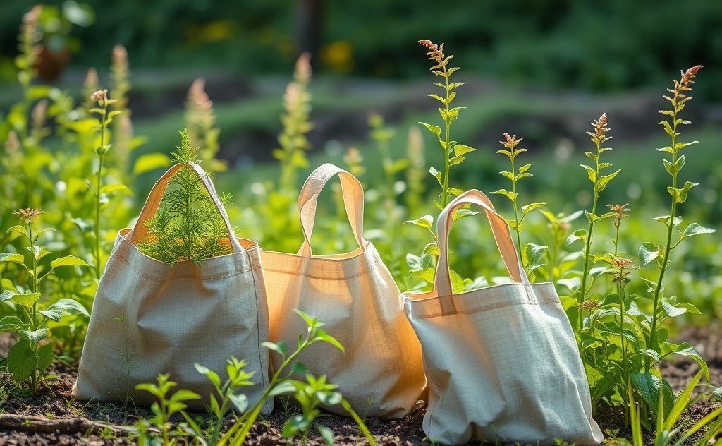 A serene scene of nature with reusable bags and plants thriving.