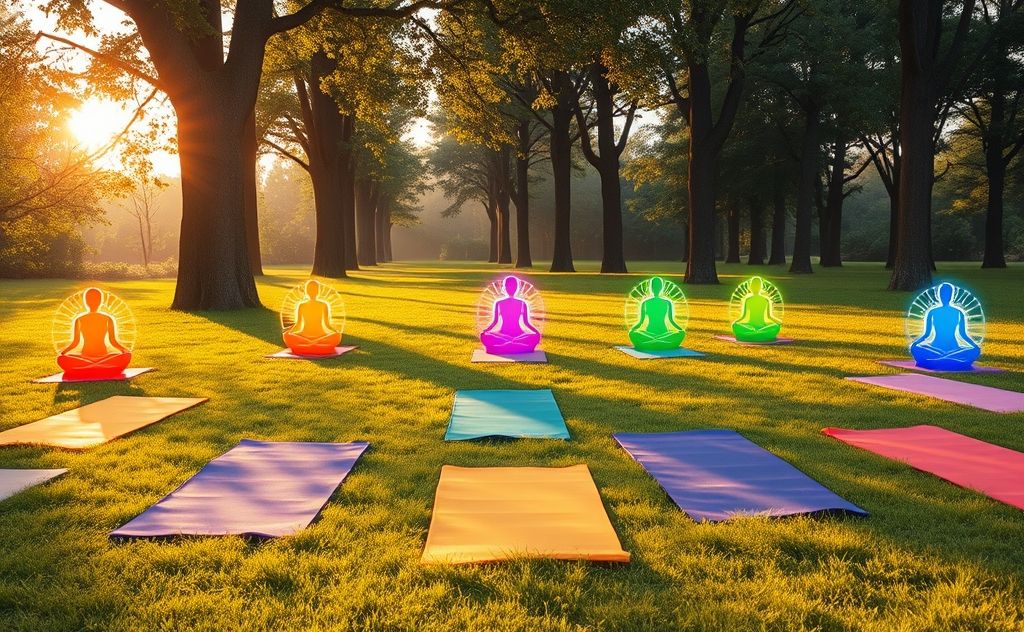 A serene scene of yoga mats and chakra symbols in a tranquil setting.