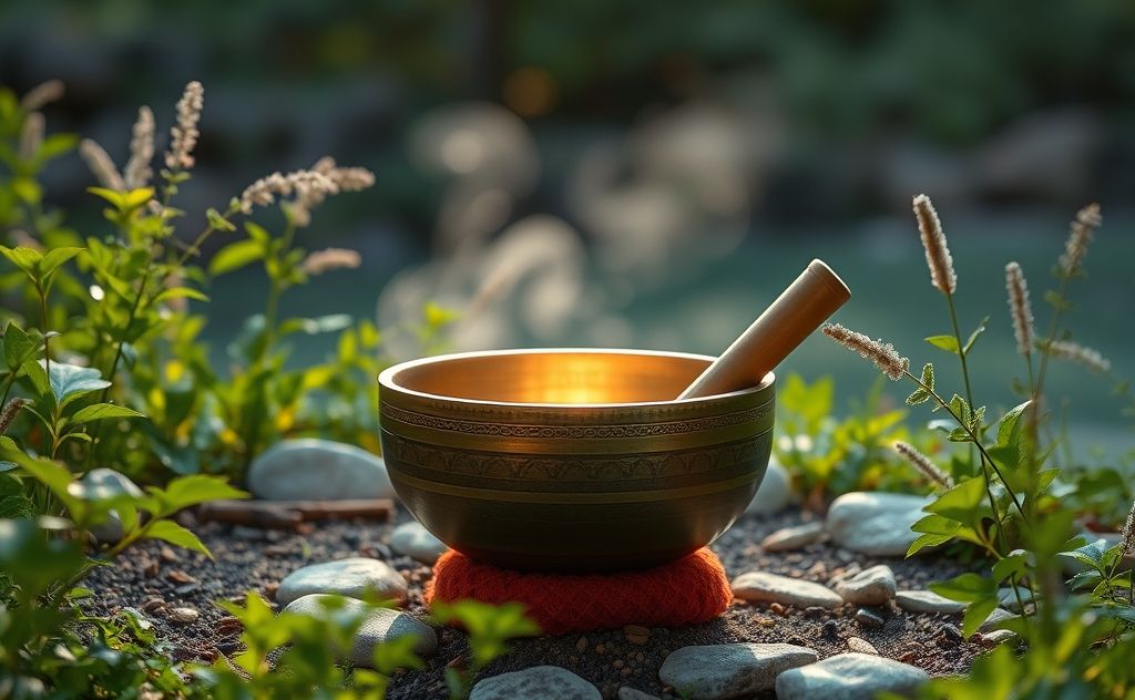 A serene setting with a glowing singing bowl surrounded by nature.