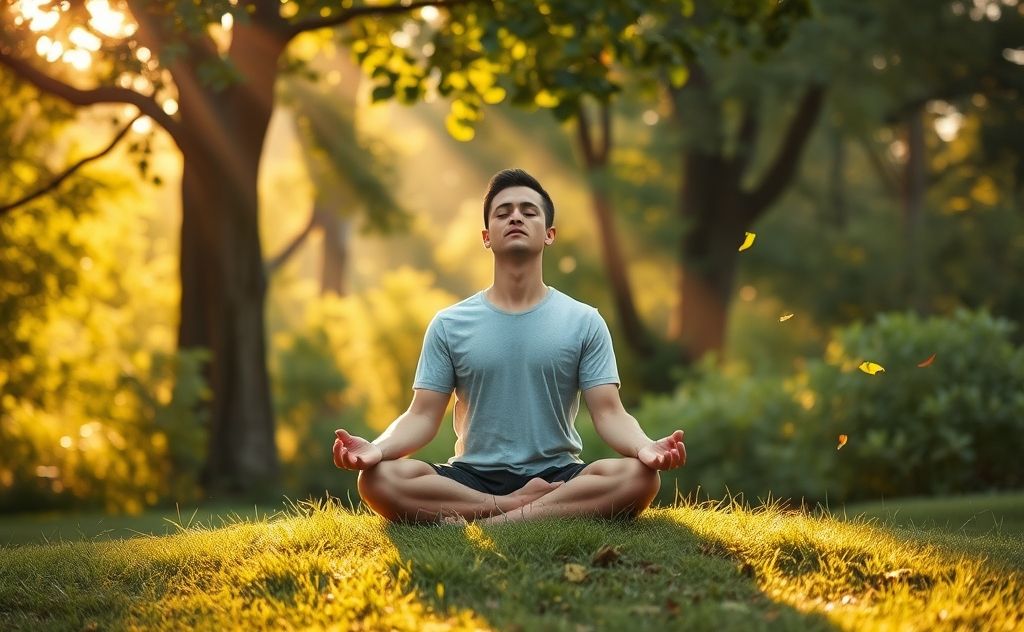A serene setting with a person practicing deep breathing outdoors.